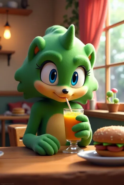 Shes green, blue-eyed like Vector the Crocodile in Sonic. She goes to a cafe. She drinks apple juice and a sausage sandwich. She says its delicious.