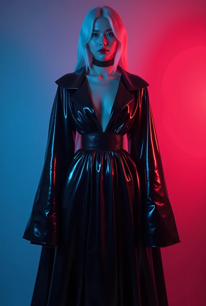 (effect: neon lights), wearing shine latex A captivating and formidable female dark sorceress with an air of mystique and malevolence. (Appearance: Tall and statuesque, draped in flowing midnight-hued robes) (Features: Strikingly sharp and elegant, exuding...