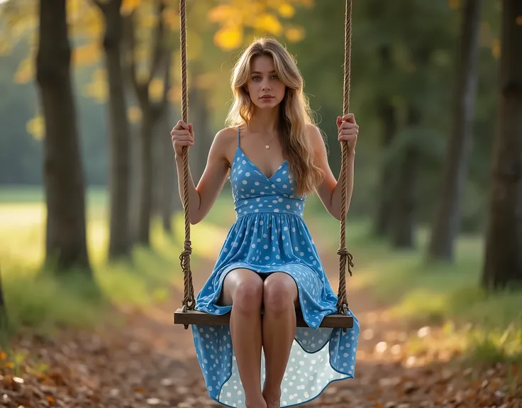 high quality photo of young nice west-european woman in a very short blue polkadot dress swinging on a wooden swing, ekaterina, anna nikonova, alina ivanchenko, against the backdrop of trees, in a sunny autumn day, anastasia ovchinnikova, very pretty model...