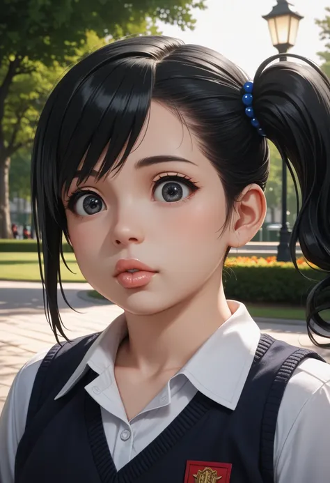 (1girl:1.3), Masterpiece, Best quality, amazing beauty, 4K, absurdres, finely detail, super detailed eye, perfect anatomy, official art, cinematic lighting, BREAK, park, silky side ponytail, (black hair:1.5), super shiny detailed black eye, (((tareme))), (...