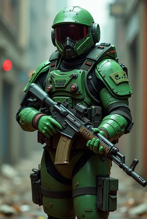 Nova from the game Bloodstrike
Wearing a radiation suit
Of green color 
And an ak47 in his hand 