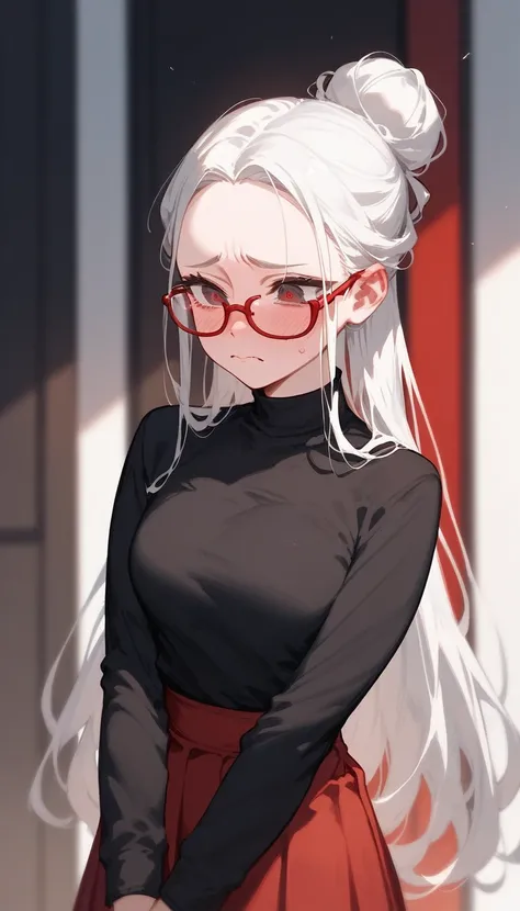  ,White hair,, long hair, wide forehead ,Hair bun,In the black eye there is a thin red tint., Black Long Sleeve Shirt,Embarrassed face,stand,Red skirt,Wear glasses