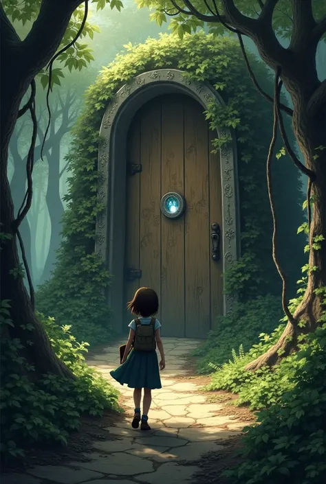 Luna walks along a narrow, winding path in the forest, looking around cautiously. She stops suddenly in front of a tall, ancient wooden door, almost camouflaged by ivy and roots. The door looks old, with mystical carvings, and a small keyhole glows faintly...