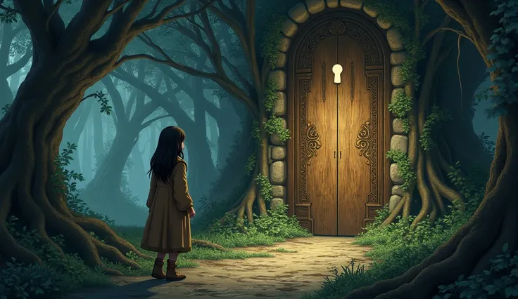 Luna walks along a narrow, winding path in the forest, looking around cautiously. She stops suddenly in front of a tall, ancient wooden door, almost camouflaged by ivy and roots. The door looks old, with mystical carvings, and a small keyhole glows faintly...