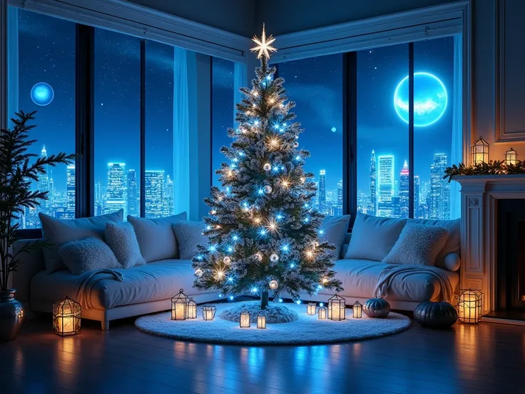 "Create a futuristic Christmas atmosphere by decorating the room with LED lights and space-inspired ornaments. Use blue and white LED string lights to create the effect of twinkling stars in space. Replace the traditional Christmas tree with a modern one f...