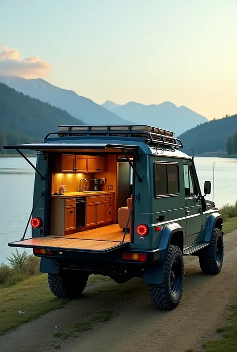 A Toyota Land Cruiser redesigned with the features of an off-road camper truck, including a detachable camper module on the rear with a fully functional kitchenette, fold-out sleeping area, and storage for gear. The vehicle is parked by a river, with a lux...