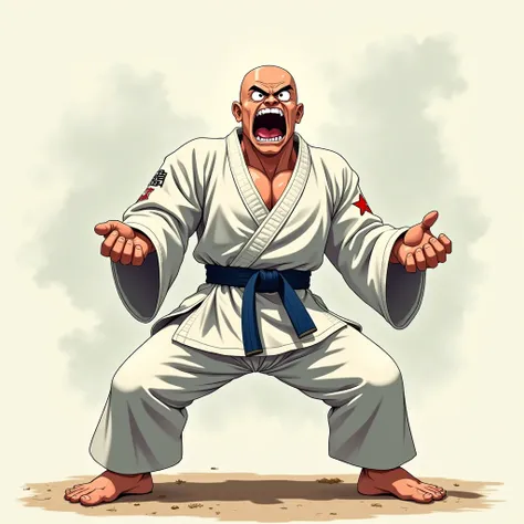 anime type image, SD type, Avatar of a bald man in a karate suit, with eyes open and mouth open, standing. PNG format