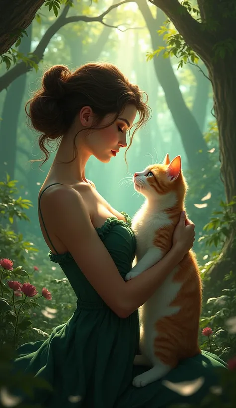 Create a 9:16 image of (cat) & (woman, curvaceous body), mysterious forest background