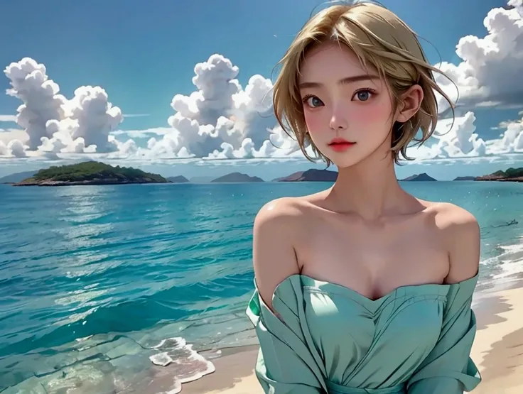 Okinawas calm and beautiful sea, emerald green ocean, Fiercely Deep Blue, Cloud-free, and Beautiful Sky,intense sun,Girl completely naked in the distance ,Girl with blond hair and very short hair 
