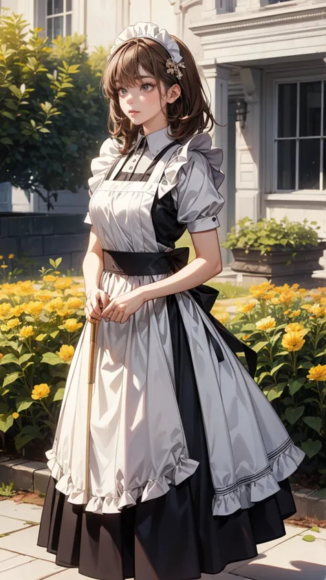 8k、top-quality、  super high definition  、 ultra-detailed、 anime-like 、  super high definition  、brown hair, brown eyes、Maid、 long skirt、Frill apron、Head ornament、Holding a broom、 cigarettes、cigarette、garden、