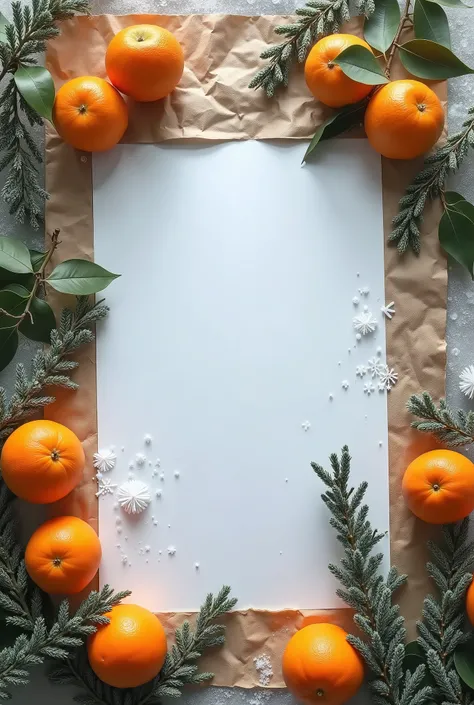 Professional photography сверху of, Kraft Paper ,  Bumps, tangerines , Christmas tree branches, serpentine , empty middle, замороженные  and dreams winters