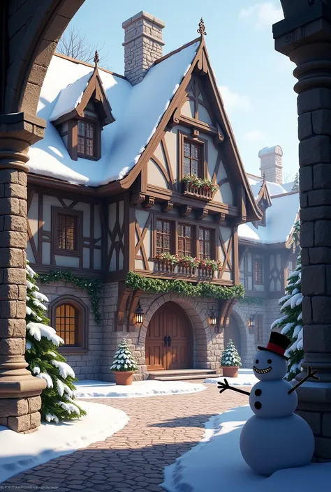  large half-timbered house ,  spacious beautiful courtyard ,  all around is decorated with garlands for the new year, Lots of snow, snowman in the yard 