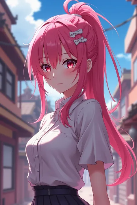  red eyes, idol,  Pink Hair ,  ponytail, ,  Japanese cartoon movie , whole body, white hair ribbon braid,  tall girl 