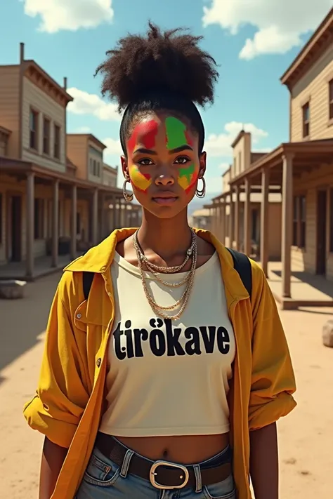 A light skin lady with afro bun and the lower half of her face painted with red grenn and yellow with the word Tirokave written on her shirt, casual street style dressing stand in a cowboy style town