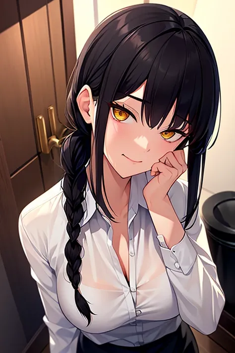  high definition , masterpiece++++,  best quality+++++,  female and male penises, Makima++++++, Overbearing woman++, Sharp Eye++, Squint your eyes+++, look down++, Delighted, Suspicious Smile++,  black hair,  man who doesnt like braided ponytails , Milky  ...