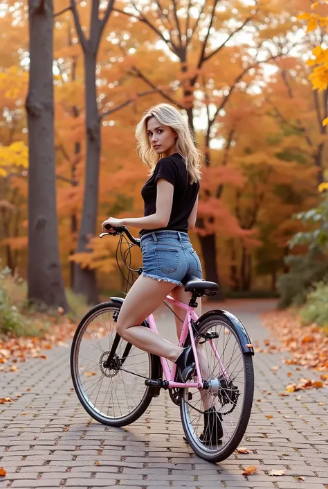 high quality photo of young nice woman riding a bike on a brick road, bicycle, riding a bike, bicycles, cycling!!, rides a bike, juicy legs, bicycle in background, sexy girl wearing shorts, legs visible, sleek legs, very beautiful long slim legs, in sunny ...