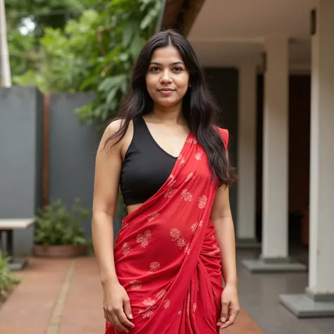  kerala curvy gym fit shaped female reshma in home outdoor...kerala reshma is average sized body. perfectly fit body figure with  big breast and indian fair skin tone and black hair.reshma is wearing printed red saree with black sleeveless blouse in kerala...