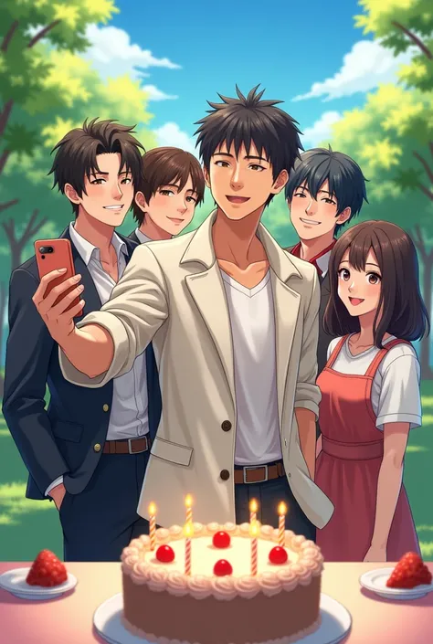 Park Chanyeol is standing in front taking a selfie, Wang Yibo, Shao Zhan, Seth, and Kaoruko Waguri are behind looking at the camera, and a birthday cake is in front of Yibo.