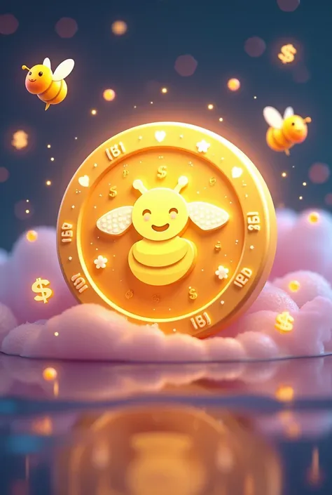 A futuristic yet adorable design of a digital currency saying "Buzz" represented by a glowing golden coin with a tiny bee emblem in the center. The coin radiates soft sparkles and pastel hues of yellow, pink, and blue. Surrounding it are holographic, glowi...