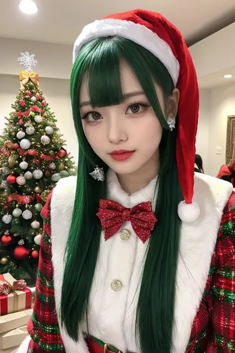  Japanese woman like an idol ,Long Hair ,  straight hair , Round face , bust up , , break, Outfit: (Christmas tree-inspired costume with colorful ornaments:1.4),
, break, Hairstyle: (festive hair accessories resembling tree decorations:1.2),
, break, Location Ambiance: (festive Christmas tree setup:1.2),
, break, Makeup: (sparkly and colorful eye makeup to mimic ornaments:1.1), (green and red lip colors:1.1),
, break, Style Essence: (whimsical and festive Christmas tree style:1.3)