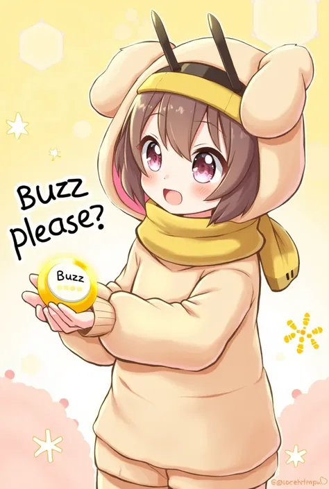 A charming anime-style girl with big, sparkling eyes and a shy smile, wearing a cozy pastel outfit with bee-themed accents like small antennae headbands or a honeycomb pattern scarf. She is holding a glowing coin labeled Buzz in her hands, reaching forward...