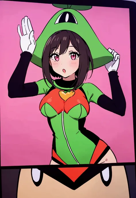 A cute woman in sexy costume as Marvin the Martian, she is acting flirty and silly posing for photos at a crowded comic convention. SEAART is written clearly along the bottom of the screen
