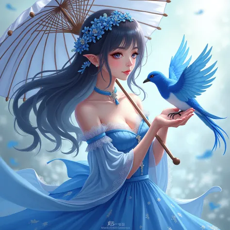 a woman in a blue dress and white parasol is holding blue birds, a detailed painting, fantasy art, anime fantasy artwork, onmyoji detailed art, beautiful anime portrait