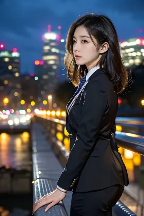 12K、hdr、Bit depth 10 bits、Adult Woman、((Standing with a bridge parapet on its back))、((Body facing the camera))、(( face is facing sideways))、((profile))、((( hair is shaking a lot in the wind)))、 medium long hair、(( bridge))、((Body facing the viewer))、(((白色...