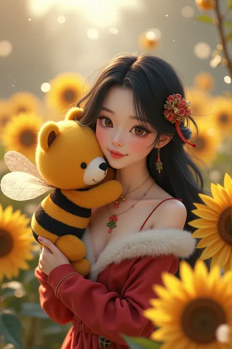 Asian with black hair, round face and slim body with exposed collarbone, she wears Brana necklace with Christmas outfit. and she has black hair player, in the sunflower garden in the christmas atmosphere. She hugs the bear shaped like a bee