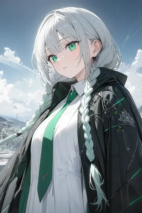 1 girl, silver hair, twin braids, emerald eyes, white shirt, green necktie, black robe, (best quality,4k,8k,highres,masterpiece:1.2),fantasy