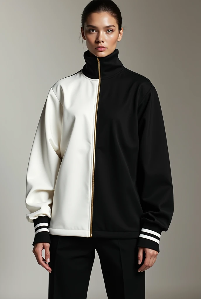 Adidas , half left white and half right black vertically ,   with formal black turtleneck and a gold line dividing the two colors black and white. Both sleeves end in a thin gold stripe 