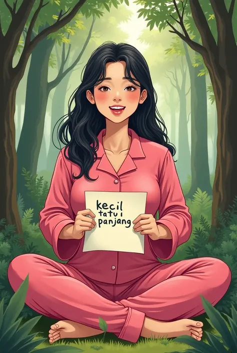 portrait of a Korean woman, fat body, loose hair with a round face, wearing bright pink pajamas without bare feet, the woman is sitting on the ground among green leafy plants, smiling facing the camera, holding white paper with the words "Kecil tapi panjan...