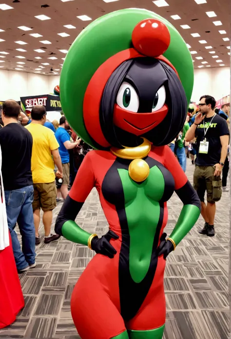 A cute woman in sexy costume as Marvin the Martian, she is acting flirty and silly posing for photos at a crowded comic convention. SEAART is written clearly along the bottom of the screen
