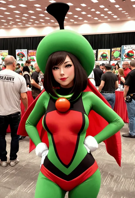 A cute woman in sexy costume as Marvin the Martian, she is acting flirty and silly posing for photos at a crowded comic convention. SEAART is written clearly along the bottom of the screen
