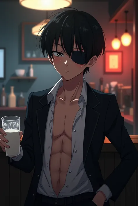 high quality, anime, 1boy twelve years old, Shota, bar background, wearing a black suit, no shirt, open suit, showing body, showing chest, wearing a eye covering on the left, slim body (very small and short body), young, handsome, sweat, holding a glass of...