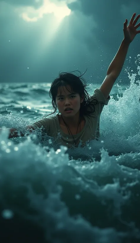 A 20-year-old Vietnamese woman struggles in deep, rough waters, her face showing determination and desperation as she tries to stay afloat. Her arms are outstretched, facing the surface of the water. The scene is dark and gloomy, with strong waves crashing...