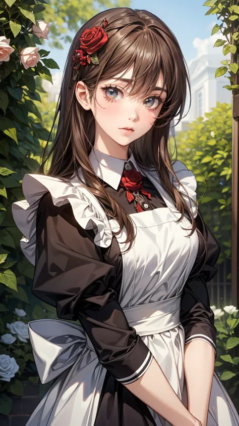 8k、top-quality、  super high definition  、 ultra-detailed、 anime-like 、  super high definition  、brown hair, brown eyes、Maid、Frill apron、Head ornament、garden、smile、smile、 long hair、 rose hair ornament 