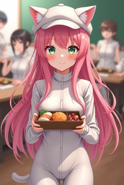 pink gold long haired charming schoolgirl white hat with cat ears　White catsuit with cat ears　 orange hair　Green Eyes　uniform　classroom　Eat a bento with friends 