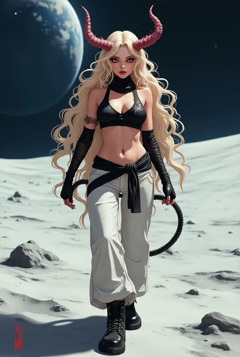  30-year-old demon woman with long curly blonde hair ,  peach-colored skin with a flexible penis-shaped antenna above her head black eyes red iris black pupil, She wears a black bra , extra big tits , black scarf,  tight black armbands ,  fairly wide white...