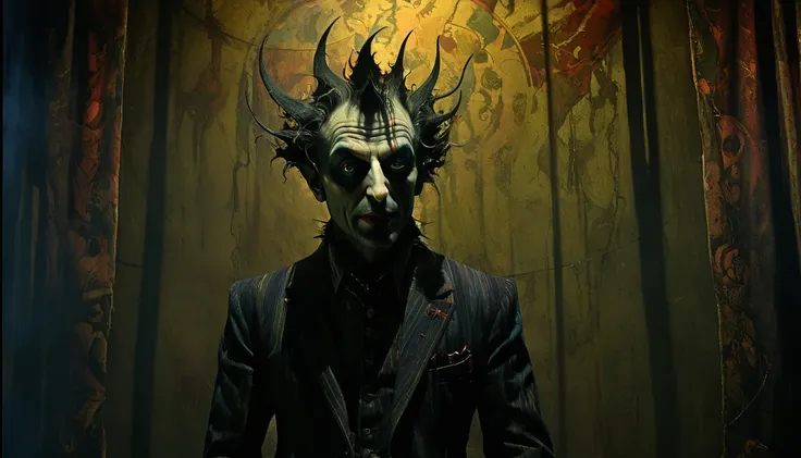 Circus Freak, surrealist, doom, 4k, ultra-detailed, dramatic shadows, moody colors, dystopian, dramatic lighting, detailed textures, serco style, inspired by Duccio di Buoninsegna, Dave McKean style, high detail 