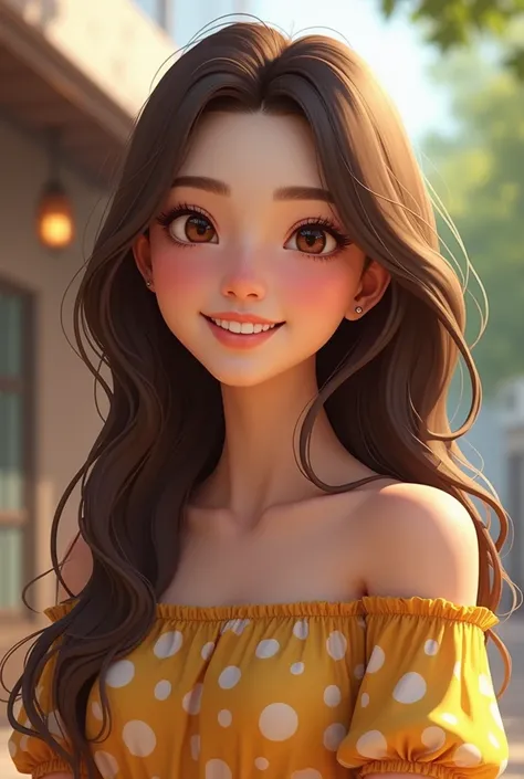 3D girl with brown eyes and hair, without hat, smile, 
full length