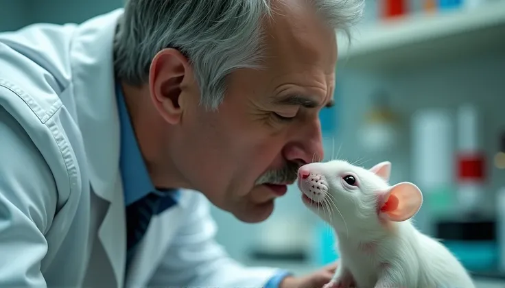 A scientist kisses an experimental rat .  Use the scientists face as it is