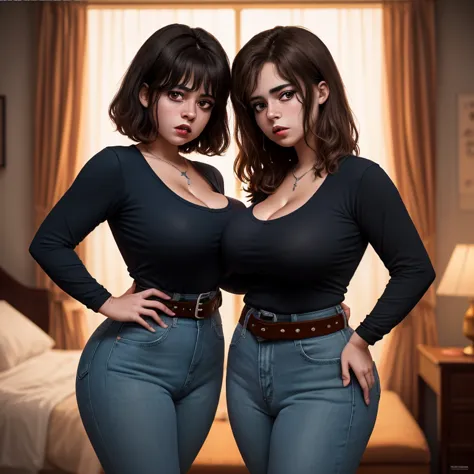 90s dark vintage film style, two super busty cute very chubby mexican nerdy emo female teen sisters, short brown hair, beautiful...