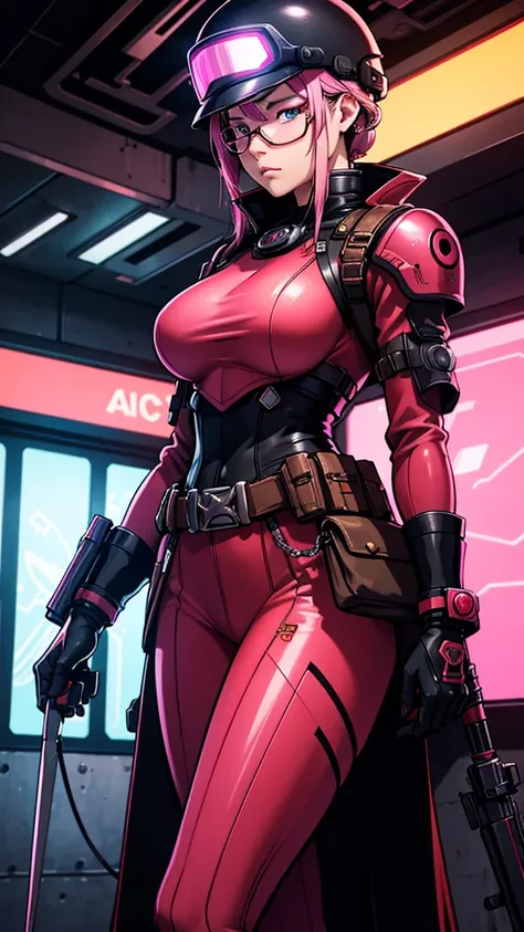 Military woman with an ultra futuristic military uniform with a traditional samurai outfit design a perfect mix between the old days and the future, a helmet on her head with a gas mask. The outfit is predominantly red and pink. The outfit is bright and cr...