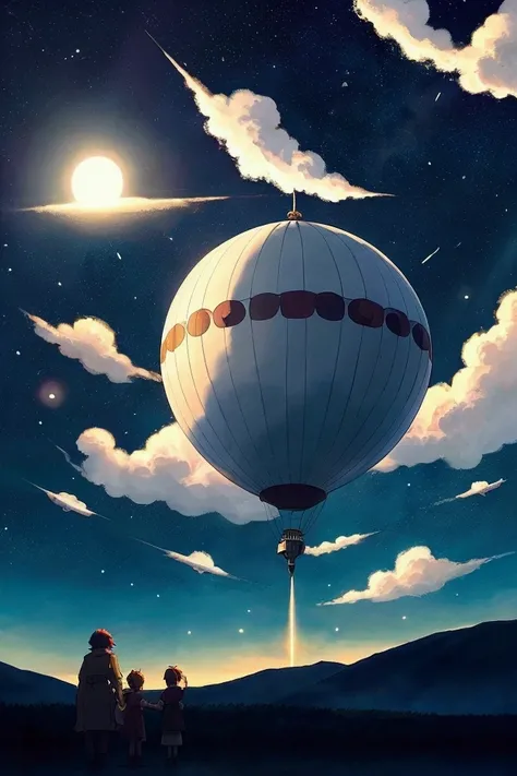 Scenery of Ghibli-like airships flying in the sky