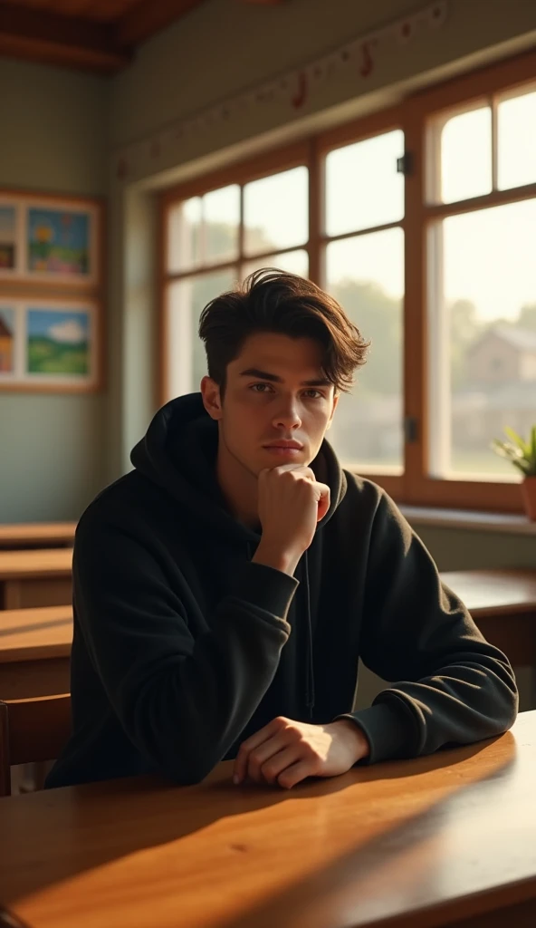 (photorealism:1.2), a young man in a black hoodie with his hands on his chin, hands folded on a wooden table ,  sets background of a village boarding school classroom, Morning,   image in cinematic zoom .