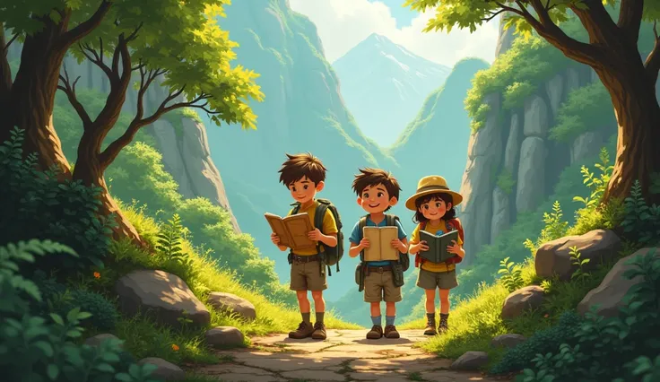 Three young rens walks on the mountain in the forest,one girl and two boys, caught up a map and a book 