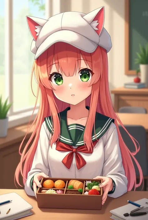 pink gold long haired charming schoolgirl white hat with cat ears　White brimless hat with cat ears　 orange hair　Green Eyes　uniform　classroom　Eat a bento with friends 