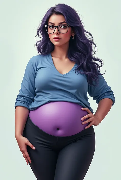 A  girl with black leggings and a blue shirt and glasses and her butt and thighs are getting huge and her belly is big too and her skin is purple