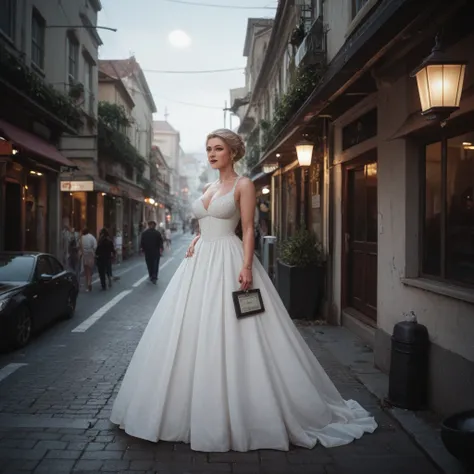 A 60-year-old woman, weighing 80 kg, big boobs, wearing a white dress, standing in the middle of a street under moonlight. The scene includes soft, natural shadows from the moon, with subtle details like the texture of the dress and the quiet, serene atmos...